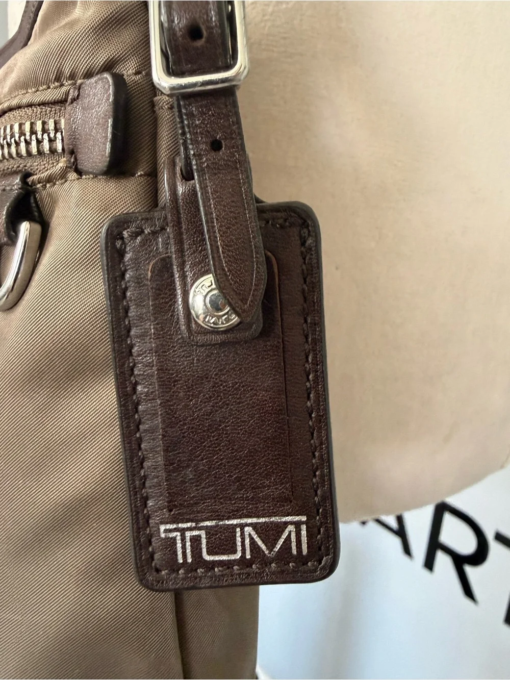 GUC Tumi Voyager Taupe Nylon Crossbody Messenger Bag with Leather Trim